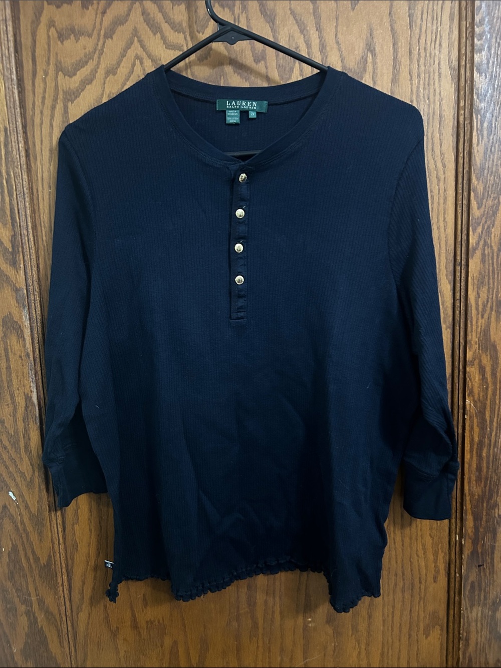 Lauren Ralph Lauren Black Ribbed Henley 3/4 Sleeve Tee